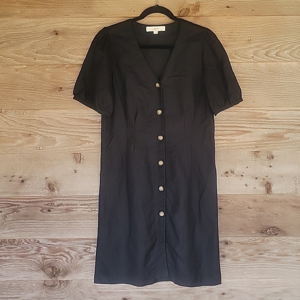 Loft Linen Blend Black Button Up Dress with Puff Sleeves Size  4